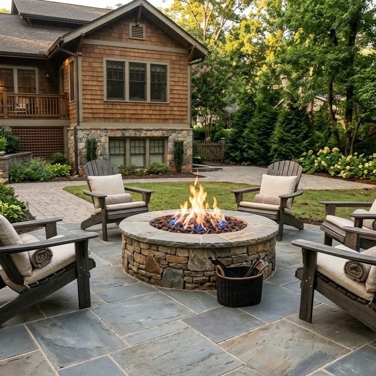 Paver patio with seat wall and landscape lighting in Fayetteville
